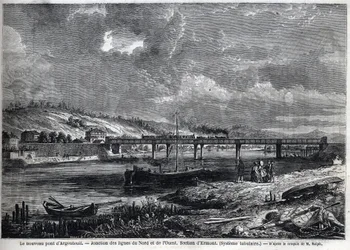 Il nuovo ponte ad Argenteuil. Giunzione delle linee Nord e Ovest. Sezione di Ermont (sistema tubolare). Incisione dopo uno schizzo di Ralph in "Le Monde illustré", 29/08/1863. Collezione privata.