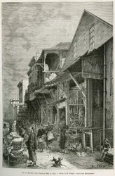 La strada del mercato a San Francisco, che rivela la presenza di una importante comunità cinese, un presagio di una futura Chinatown. Incisione dal disegno di A. Deroy, per illustrare la storia La conquista bianca, di William Hepworth Dixon, nel 1875, pubb