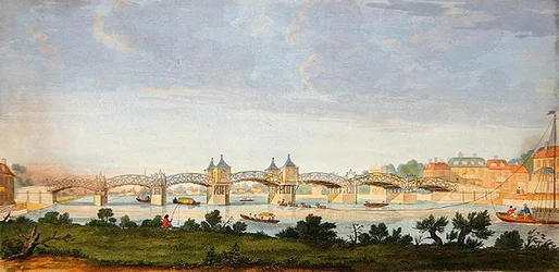 Veduta prospettica del ponte di Hampton Court che attraversa il fiume Tamigi, inciso da Charles Grignion (1717-1810) c.1754