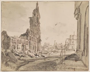 Vista degli angoli nord-est e nord-ovest di Grand Place dopo il bombardamento del 1695