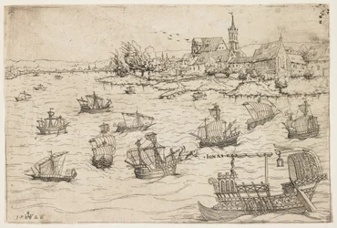 Giona e la balena su un lago con navi a vela, 1546