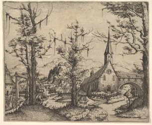 Paesaggio con quattro alberi e una chiesa a destra, 1545