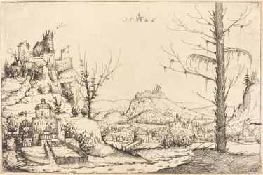 Paesaggio con alte scogliere, fiume e città, 1546