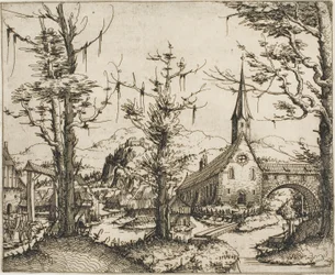 Paesaggio con chiesa e ponte coperto