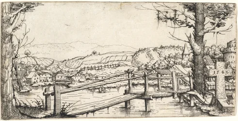 Paesaggio fluviale con un ponte pedonale