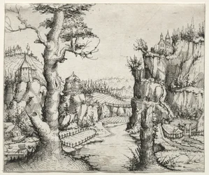 Paesaggio fluviale con rocce a sinistra e a destra, 1546