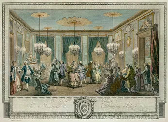 Il ballo in abito da sera a casa di Monsieur Villemorien Fila, inciso da L. Provost