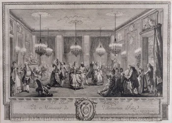 Il ballo in abito da sera a casa di Monsieur de Villemorien Fila, inciso da L. Provost