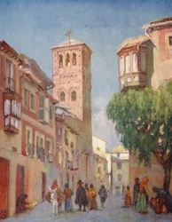 Toledo, una scena di strada (litografia a colori)