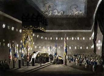 Resti di Lord Viscount Nelson in stato nella Painted Chamber al Greenwich Hospital, inciso da J. Merigot, pub. 1806 (incisione a colori)