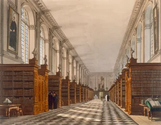 Interno della Biblioteca del Trinity College, Cambridge, da The History of Cambridge, inciso da Daniel Havell (1785-1826), pub. da R. Ackermann, 1815