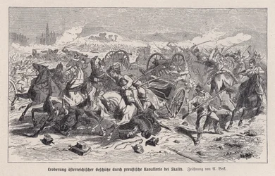 Cannoni austriaci catturati dalla cavalleria prussiana nella Battaglia di Skalitz, Boemia, Guerra austro-prussiana