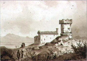 Paesaggio italiano con sarcofago romano antico