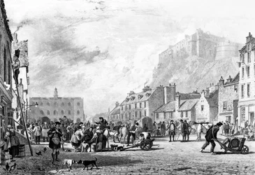 Il castello dal Grass Market, Edimburgo, inciso da George Cooke e Henry Le Keux, 1820