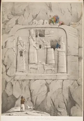 Scultura rupestre assira (Bavian), da Monumenti di Ninive, pub. 1849 (incisione)
