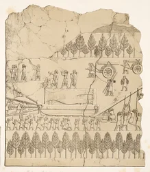 Assiri che spostano un toro alato su una slitta (Kouyunjik), da Monumenti di Ninive, pub. 1849