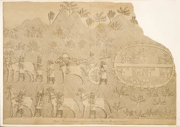 Carro e attendenti di Sennacherib e un castello su una montagna (Kouyunjik), dai Monumenti di Ninive, pub. 1849