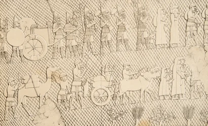 (dettaglio) da Prigionieri e bottino dalla città di Lachich, illustrazione da Monuments of Nineveh, 1858