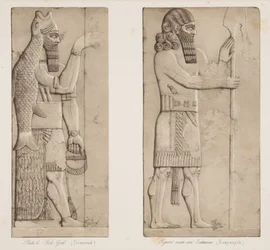 Dio Pesce (Nimroud) e figura vicino a un ingresso (Kouyunjik), dai Monumenti di Ninive, pub. 1849