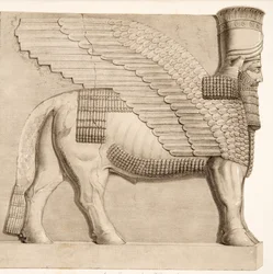 Toro con testa umana e figura alata da un portale nel muro che circonda Kouyunjik, dai Monumenti di Ninive, pub. 1849