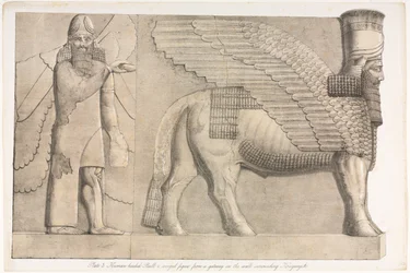 Monumenti di Ninive: Tavola 3, Toro con testa umana e figura alata da un portale nel muro che circonda Kouyunjik (Quyunjik)