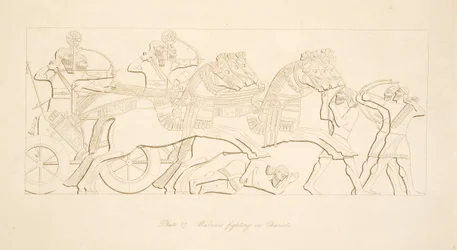 Guerrieri che combattono su carri, da Monumenti di Ninive, pub. 1849
