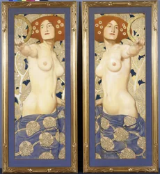 Una coppia di pastelli su carta raffiguranti figure femminili seminude, ca. 1900