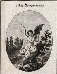 Allegoria della curiosità rappresentata con un drappo punteggiato di orecchie e occhi. Le ali elevate. Incisione in "Iconologie oder Ideen aus dem Gebiete der Leidenschaften und Allegorien bildich dargestellt"