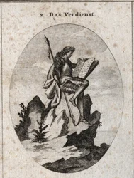 Allegoria del merito rappresentata in cima a una roccia ripida con armi e un libro che lo simboleggiano come il risultato delle sue opere e studi. Incisione in "Iconologie oder Ideen aus dem Gebiete der Leidenschaften und Allegorien bildich dargestellt fur