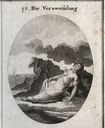 Allegoria della disperazione raffigurata con un pugnale nel petto e un ramo di cipresso in mano. La bussola scomposta è l