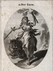 Allegoria della rabbia rappresentata in un atteggiamento irrequieto, con una benda sugli occhi, una spada e una torcia nelle mani. È vestita con pelle di orso e il leone dietro di lei è furioso. Incisione in "Iconologie oder Ideen aus dem Gebiete der Leide