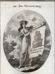 Allegoria della confusione che tiene un disegno che rappresenta la Torre di Babele con la scritta 