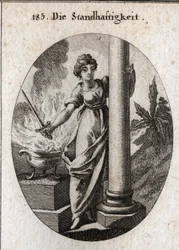Allegoria della costanza. Tiene una spada sopra un fuoco ardente. La colonna che abbraccia è l