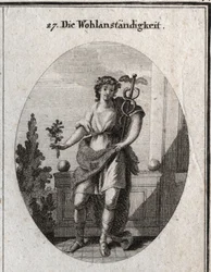 Allegoria della decenza. Giovane con pelle di leone per esprimere la sua distinzione e la grandezza della sua anima. Il ramo di amaranto e la corona mostrano che mantiene ancora la sua bellezza. La lancia segna eloquenza e sagacia nel discorso. Incisione i