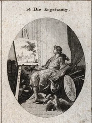 Allegoria della delizia rappresentata da un giovane che tiene una lira vicino a un dipinto con frutti, libri, armi e due colombi che si accarezzano, tutti simboli del fascino dei sensi. Incisione in "Iconologie oder Ideen aus dem Gebiete der Leid"
