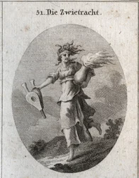 Allegoria della discordia. I suoi capelli sono formati da vipere e la sua fronte è una benda insanguinata. Un mantice in una mano e nell