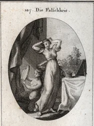 Allegoria della falsità. Il suo emblema è una sirena che si guarda in uno specchio. Incisione in "Iconologie oder Ideen aus dem Gebiete der Leidenschaften und Allegorien bildich dargestellt"