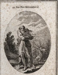 Allegoria della paura sotto le sembianze di un vecchio con ali ai piedi propense alla fuga. I suoi attributi sono la lepre e il cervo. Incisione in “Iconologie oder Ideen aus dem Gebiete der Leidenschaften und Allegorien bildich dargestellt fur Zeichner, M