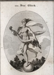 Allegoria della fortuna rappresentata con una benda sugli occhi per mostrare che è cieca ai suoi doni. Tiene un corno dell