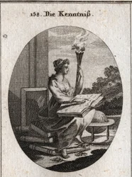 Allegoria della conoscenza basata su vari volumi di autori con un libro aperto sulle ginocchia. La torcia è allusiva alla luce che diffonde nelle anime. Incisione in "Iconologie oder Ideen aus dem Gebiete der Leidenschaften und Allegorien bildich dargestel