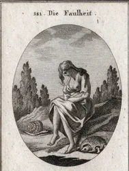 Allegoria della pigrizia. Tiene le braccia incrociate. I suoi attributi sono una tartaruga e una lumaca. Incisione in "Iconologie oder Ideen aus dem Gebiete der Leidenschaften und Allegorien bildich dargestellt fur Zeichner, Mahler, Dichter, Gelehrte, Erzi