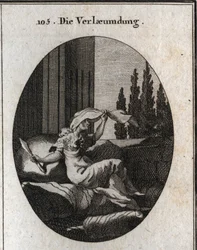 Allegoria della maldicenza rappresentata da una vecchia pigra e molle seduta su cuscini. Il velo indica che si nasconde, la sua lingua è biforcuta e tiene un coltello a doppio taglio. Il suo piccolo mantello è fatto di pelle di riccio rifinita con punte di