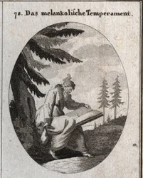 Allegoria del temperamento malinconico. Tiene un libro e una borsa e la sua bocca è chiusa con una benda. Un uccello si posa sulla sua testa. Incisione in 