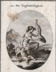 Allegoria della sfortuna rappresentata magra ed estesa. I suoi attributi sono un corno dell