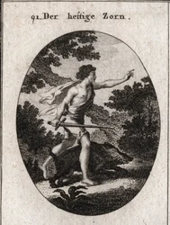 Allegoria della passione rappresentata da un adolescente con una spada. Il suo attributo è un cinghiale irritante, un animale che combatte sempre senza riguardo per il pericolo. Incisione in "Iconologie oder Ideen aus dem Geb"