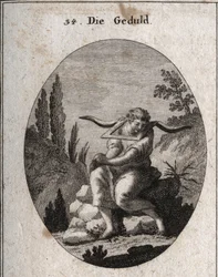 Allegoria della pazienza seduta su ciottoli, piedi tra le spine, mani giunte e giogo sulle spalle. Incisione in "Iconologie oder Ideen aus dem Gebiete der Leidenschaften und Allegorien bildich dargestellt fur Zeichner, Mahler, Dichter, Gelehrte, Erzieher"