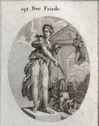 Allegoria della pace. Indossa una corona di ulivi e tiene una clava mentre brucia con una torcia un trofeo di armi. Dietro di lei, la statua di Plutone significa che abbondanza e ricchezza sono i suoi benefici. Incisione in "Iconologie oder Ideen aus dem G