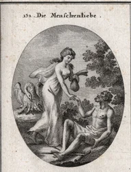Allegoria della filantropia. Tiene una borsa e viene in soccorso di un povero a cui tende la mano. Il suo attributo è un pellicano che apre il petto per nutrire i suoi piccoli. Incisione in "Iconologie oder Ideen aus dem Gebiete der Leidenschaften und Alle