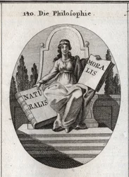 Allegoria della filosofia seduta su un trono di marmo sopra diversi gradini. Ha un diadema dorato sulla fronte e tiene due libri aperti “Naturalis” (Natura) e “Moralis” (Morale). Incisione in “Iconologie oder Ideen aus dem Gebiete der Leidenschaften und Al