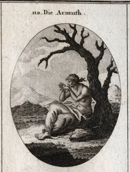 Allegoria della povertà seduta ai piedi di un albero secco che cresce in un terreno arido. I suoi piedi e le sue mani sono legati e cerca di sciogliere i suoi legami con i denti; Incisione in "Iconologie oder Ideen aus dem Gebiete der Leidenschaften und Al